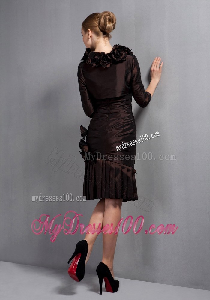 Brown Column Strapless Knee-length Hand Made Flowers Mother of the Bride Dress