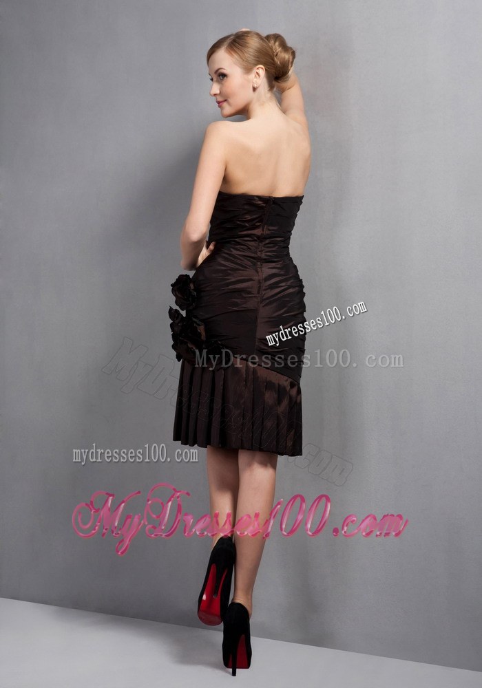 Brown Column Strapless Knee-length Hand Made Flowers Mother of the Bride Dress