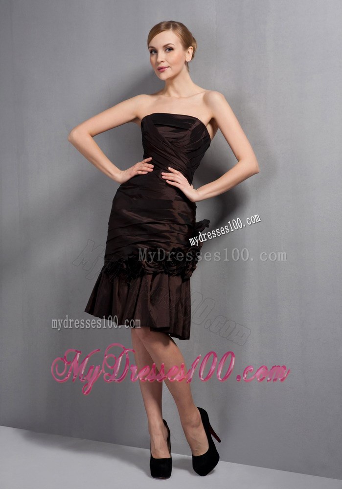 Brown Column Strapless Knee-length Hand Made Flowers Mother of the Bride Dress