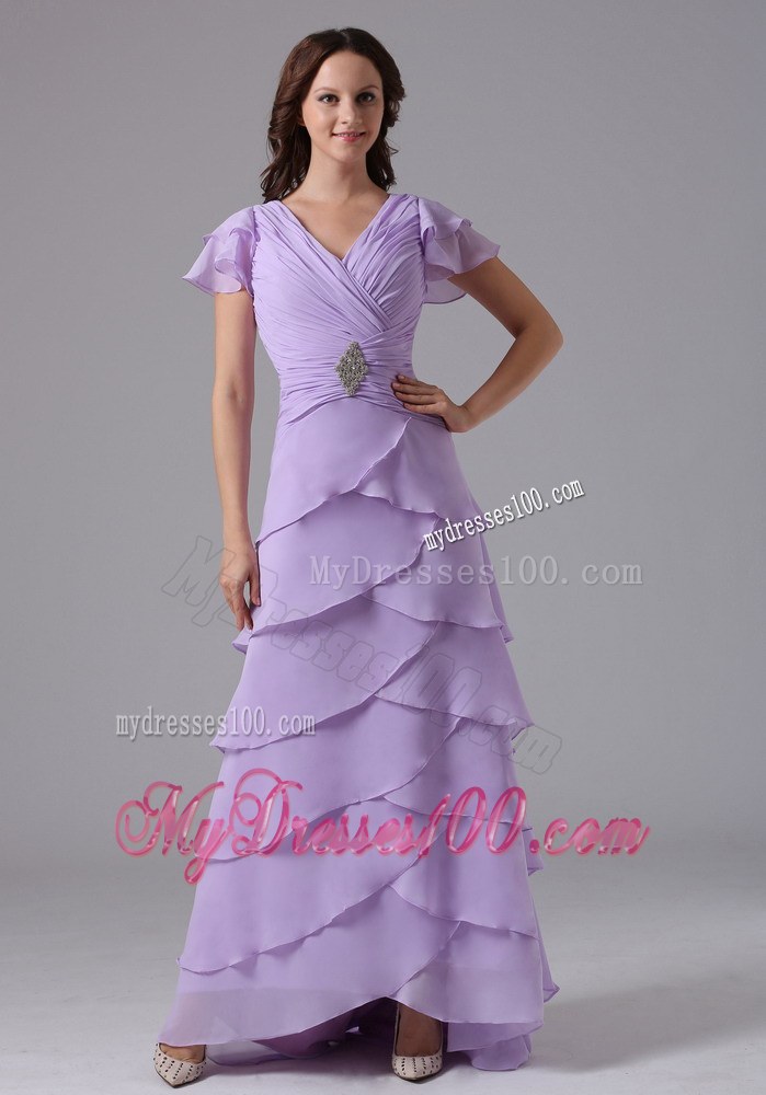 Lavender V-neck Ruffled Layeres Wedding Guest Dress with Beading and Ruchings