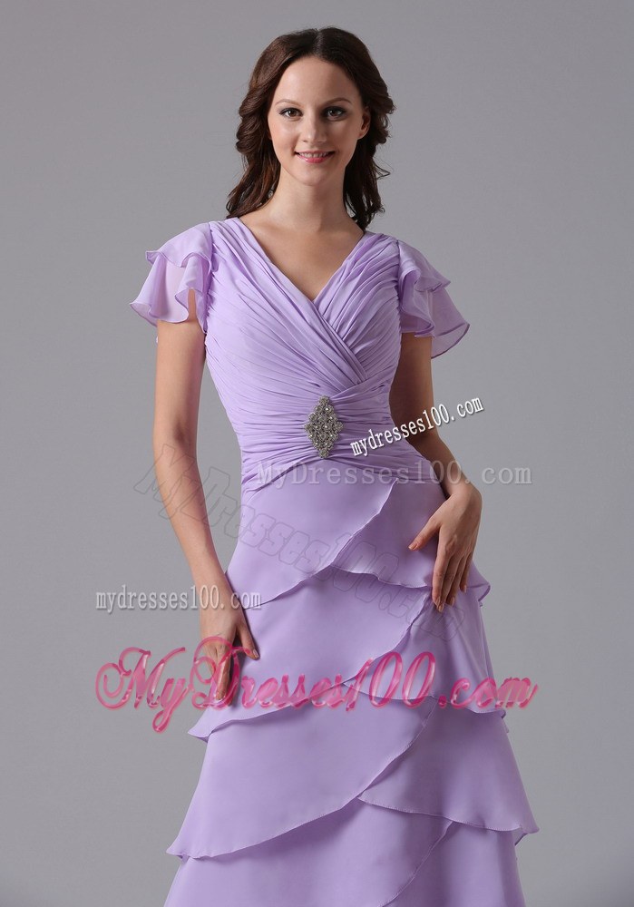 Lavender V-neck Ruffled Layeres Wedding Guest Dress with Beading and Ruchings