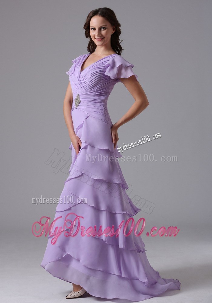 Lavender V-neck Ruffled Layeres Wedding Guest Dress with Beading and Ruchings