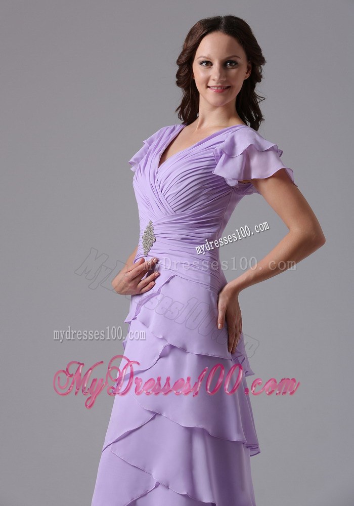 Lavender V-neck Ruffled Layeres Wedding Guest Dress with Beading and Ruchings