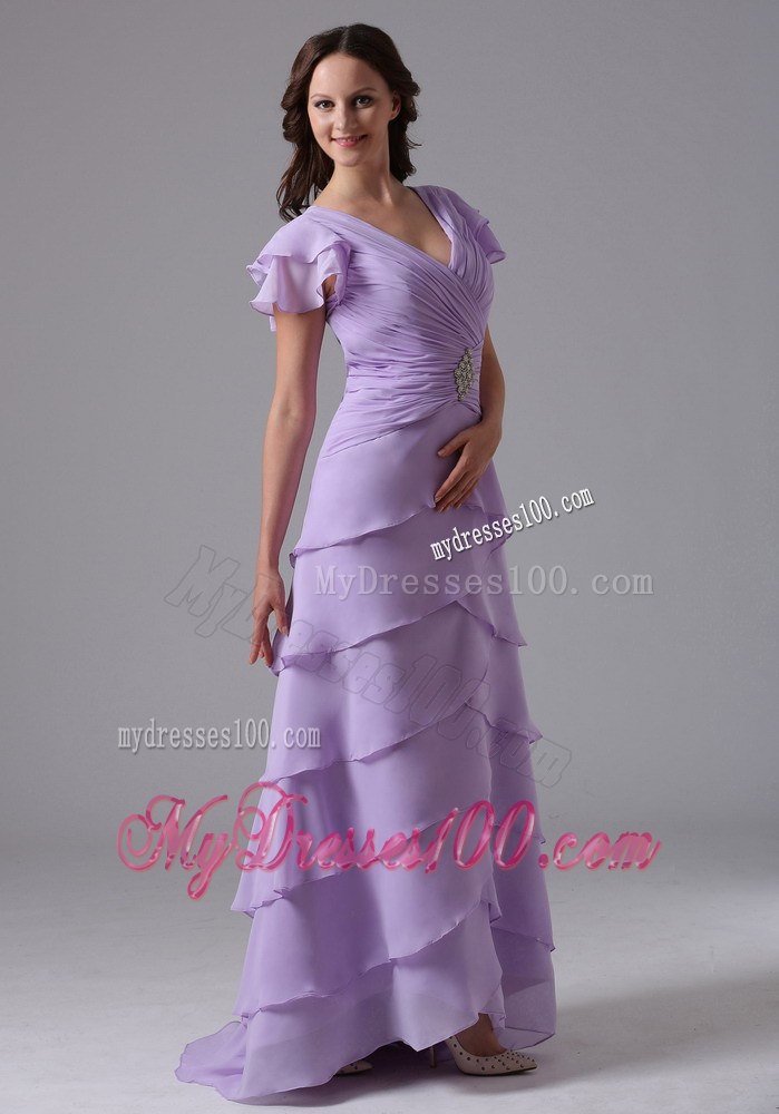 Lavender V-neck Ruffled Layeres Wedding Guest Dress with Beading and Ruchings