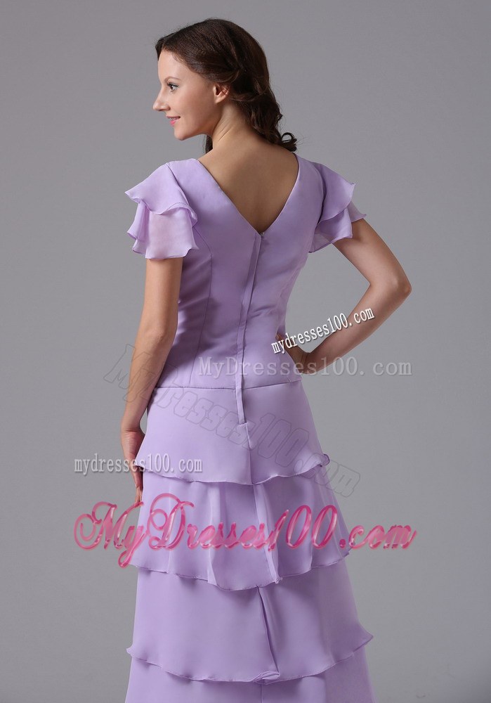 Lavender V-neck Ruffled Layeres Wedding Guest Dress with Beading and Ruchings