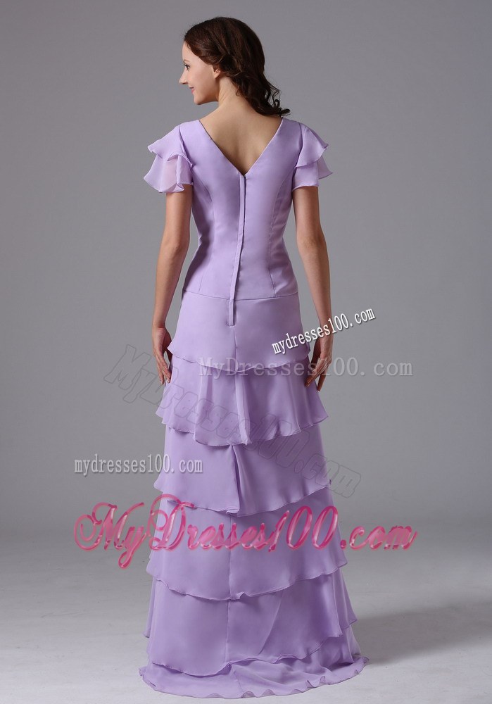 Lavender V-neck Ruffled Layeres Wedding Guest Dress with Beading and Ruchings