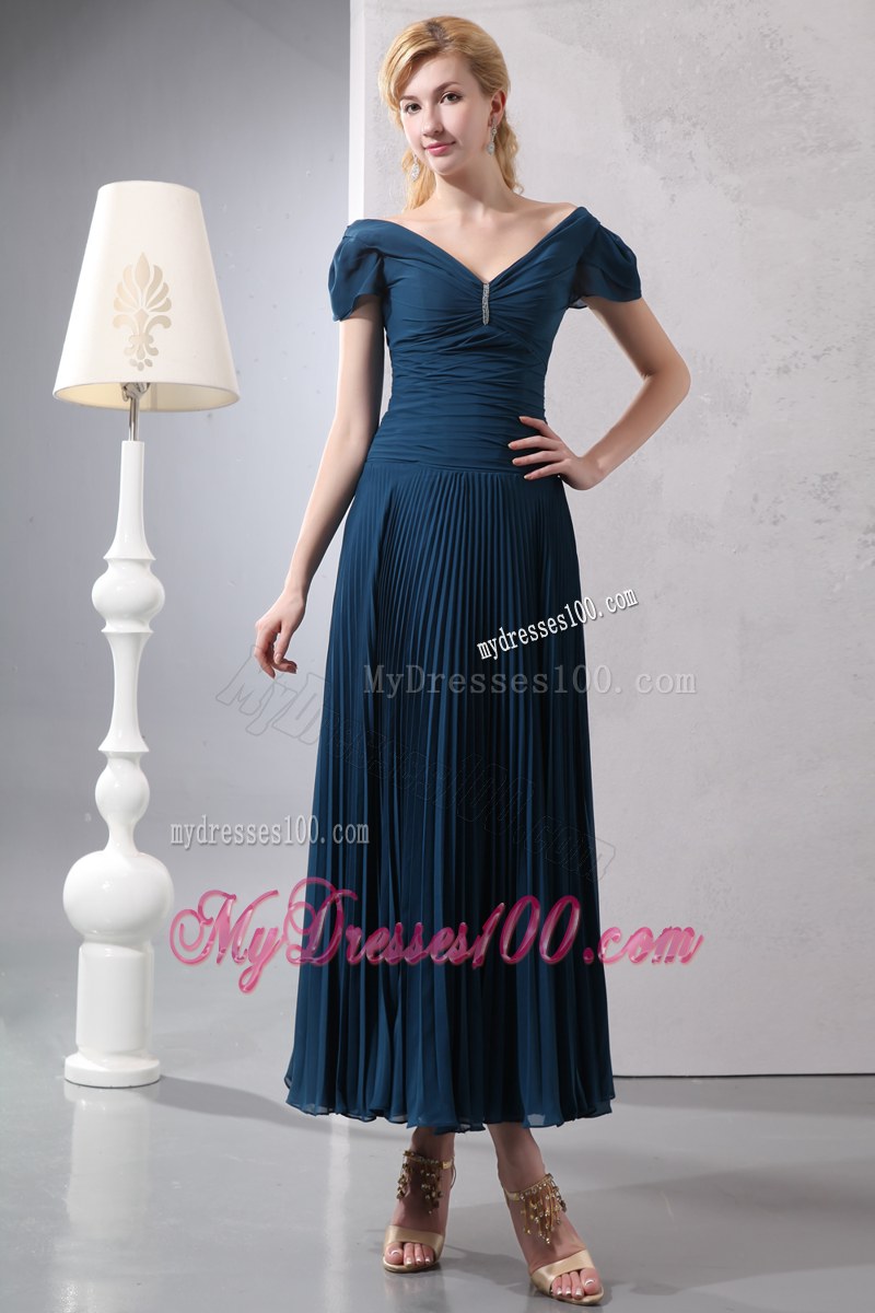 Elegant Navy Blue Cap Sleeves Wedding Guest Dress Column V-neck Ankle-length Beading