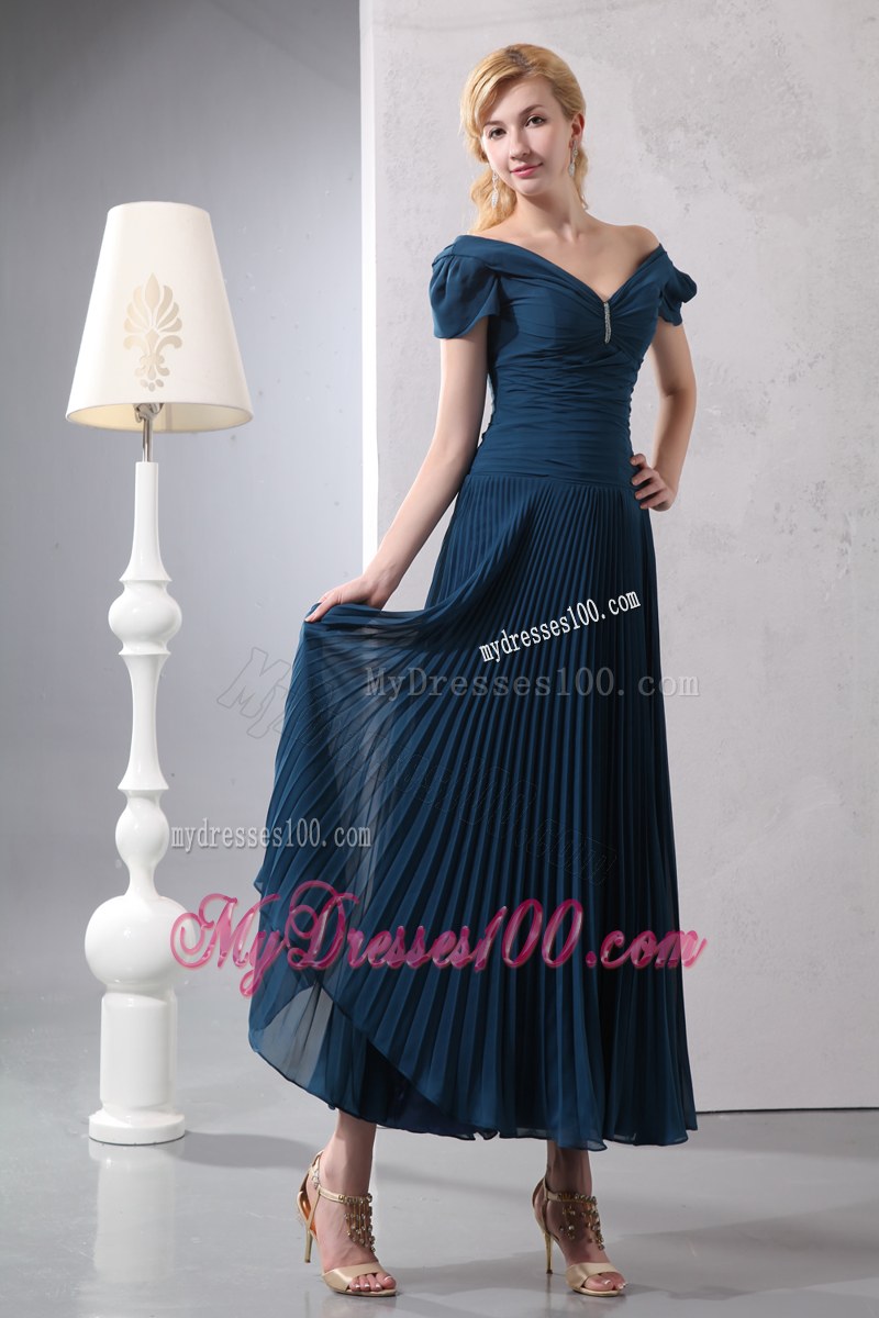 Elegant Navy Blue Cap Sleeves Wedding Guest Dress Column V-neck Ankle-length Beading