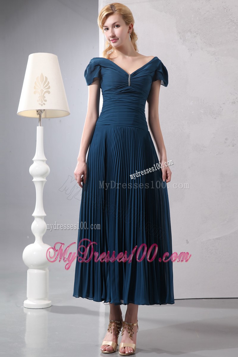 Elegant Navy Blue Cap Sleeves Wedding Guest Dress Column V-neck Ankle-length Beading