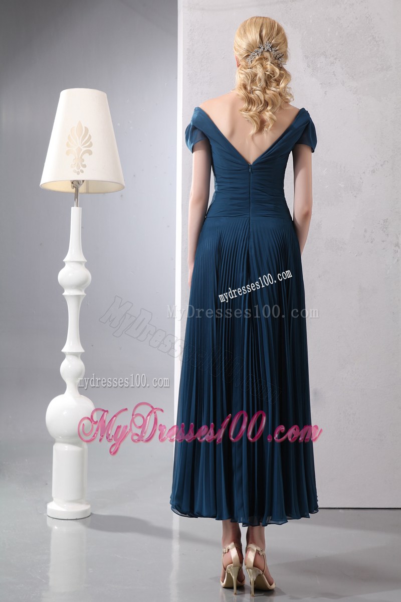 Elegant Navy Blue Cap Sleeves Wedding Guest Dress Column V-neck Ankle-length Beading