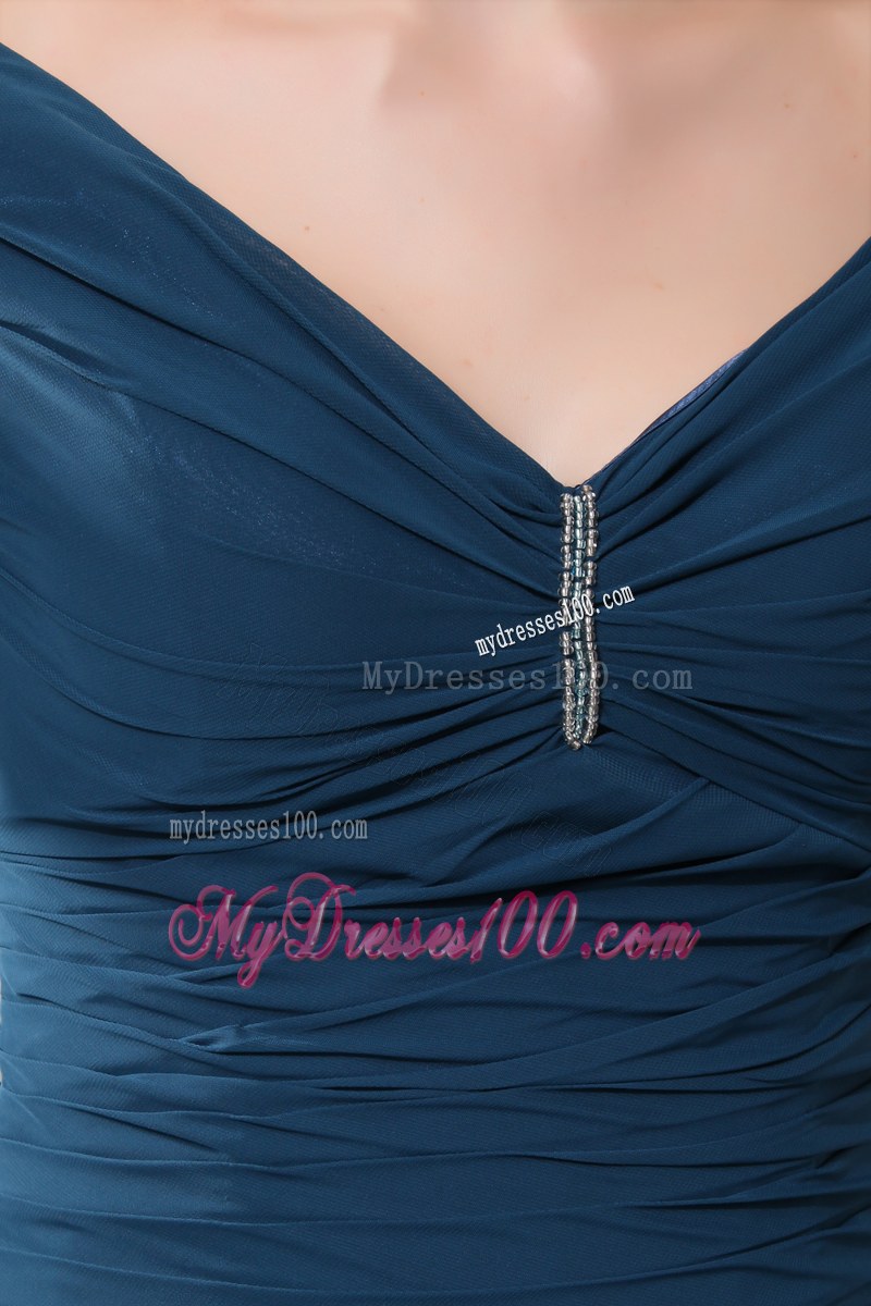 Elegant Navy Blue Cap Sleeves Wedding Guest Dress Column V-neck Ankle-length Beading