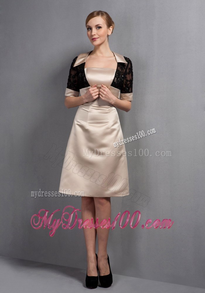 Champagne Strapless Knee-length Hand Made Flowers Mother of Bride Dress