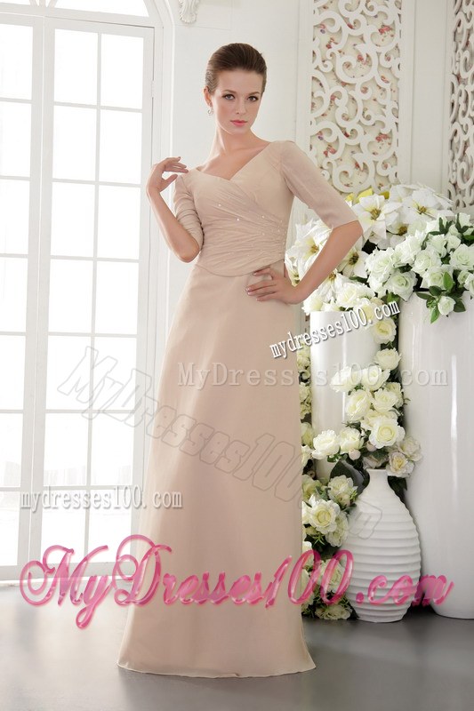 Champagne Column Sheath V-neck Half Sleeves Beading Mother of Bride Dress