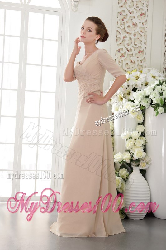 Champagne Column Sheath V-neck Half Sleeves Beading Mother of Bride Dress