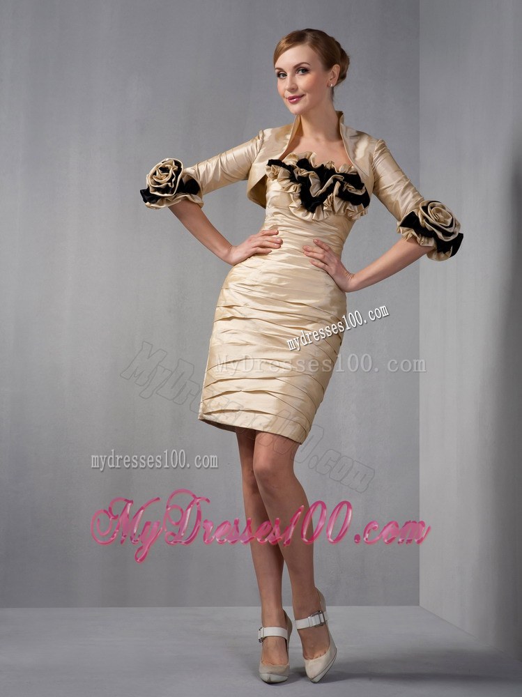 Champagne Column Strapless Taffeta Ruched Hand Made Flowers Mother of Bride Dress