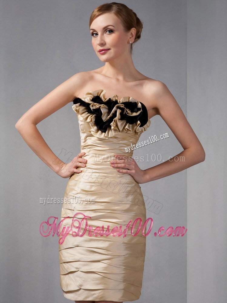 Champagne Column Strapless Taffeta Ruched Hand Made Flowers Mother of Bride Dress