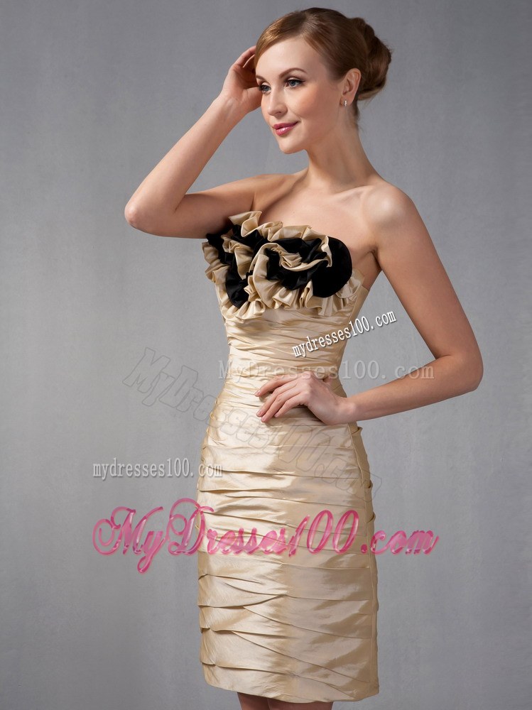 Champagne Column Strapless Taffeta Ruched Hand Made Flowers Mother of Bride Dress