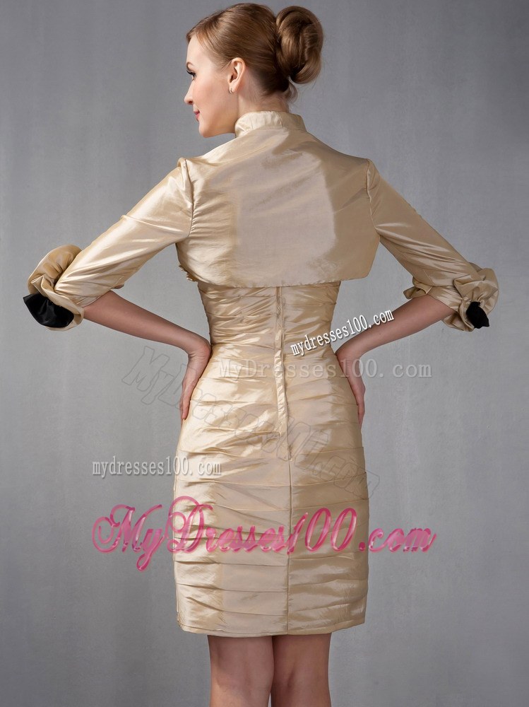 Champagne Column Strapless Taffeta Ruched Hand Made Flowers Mother of Bride Dress