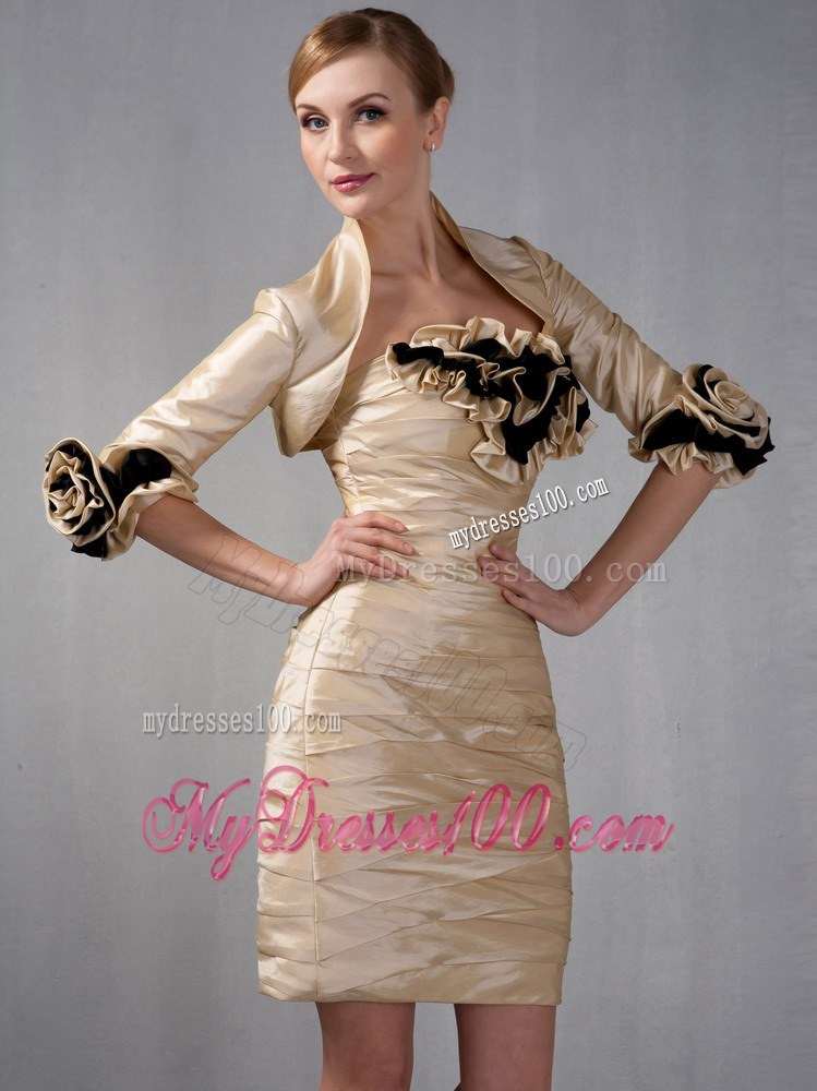 Champagne Column Strapless Taffeta Ruched Hand Made Flowers Mother of Bride Dress