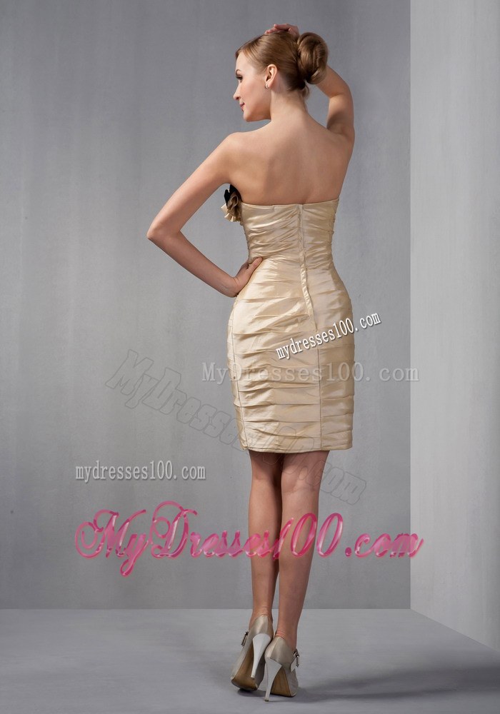 Champagne Column Strapless Taffeta Ruched Hand Made Flowers Mother of Bride Dress