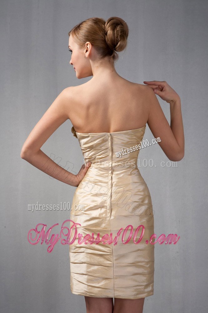 Champagne Column Strapless Taffeta Ruched Hand Made Flowers Mother of Bride Dress