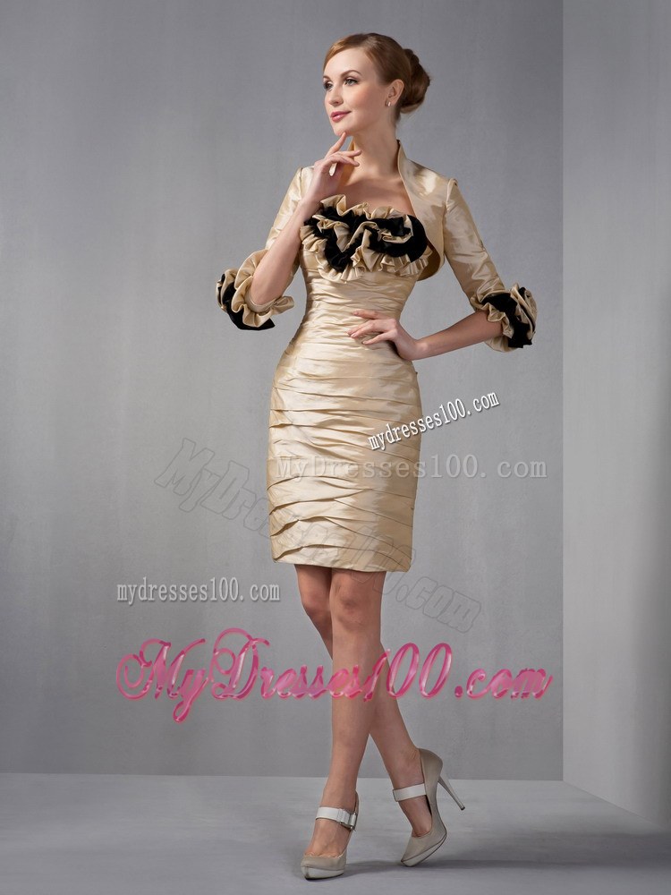 Champagne Column Strapless Taffeta Ruched Hand Made Flowers Mother of Bride Dress