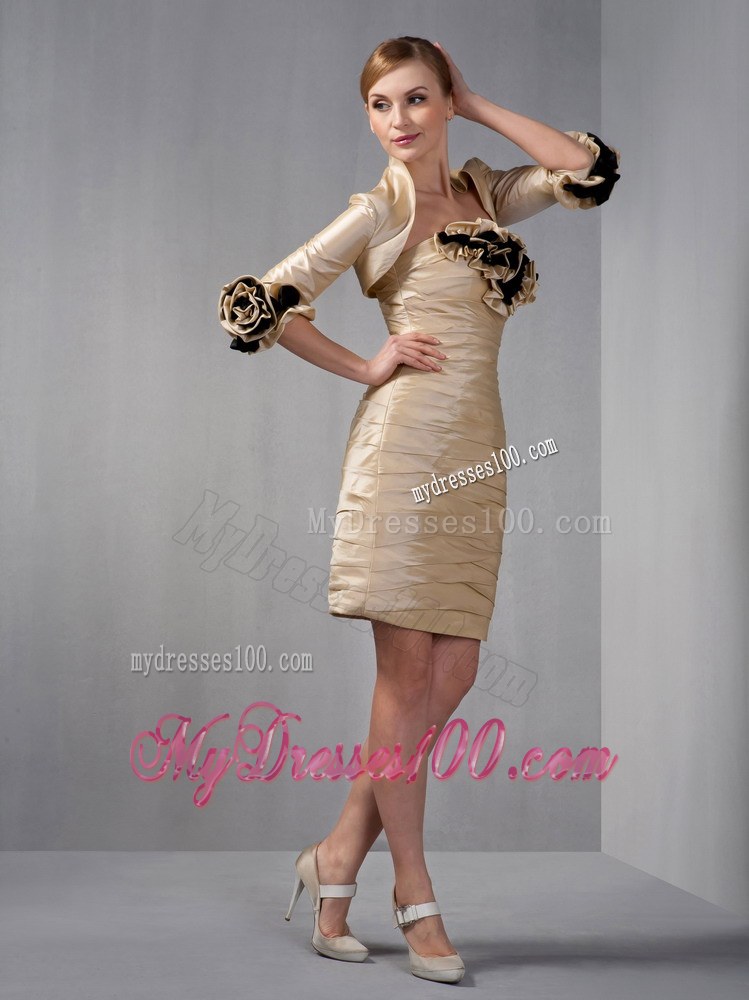 Champagne Column Strapless Taffeta Ruched Hand Made Flowers Mother of Bride Dress