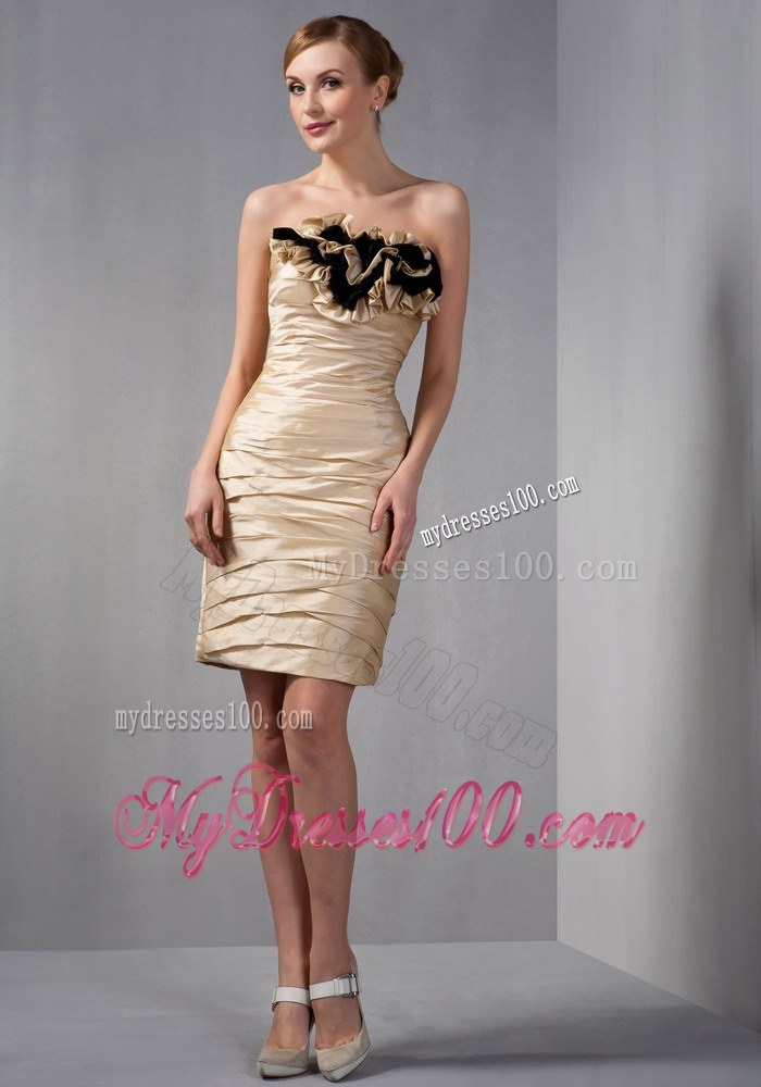 Champagne Column Strapless Taffeta Ruched Hand Made Flowers Mother of Bride Dress