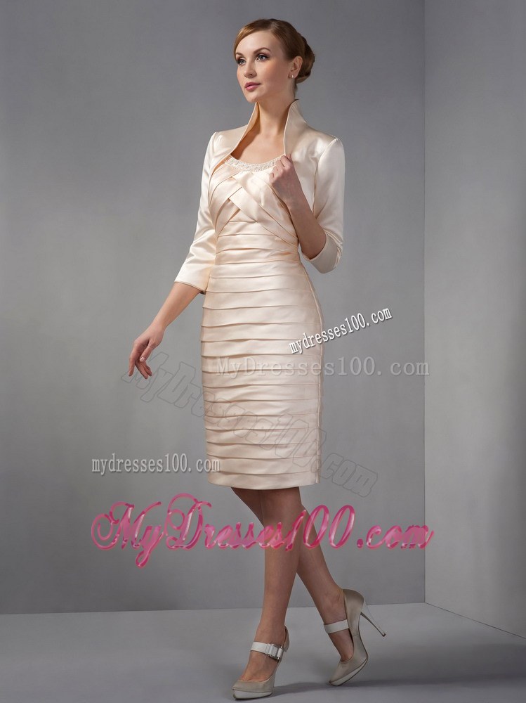 Chanpagne Column Scoop Knee-length Beading Ruched Mother of the Bride Dress