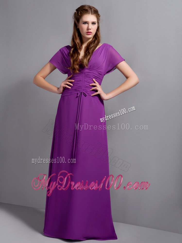 Fabulous 2013 Purple Column V-neck Floor-length Ruching Wedding Guest Dresses
