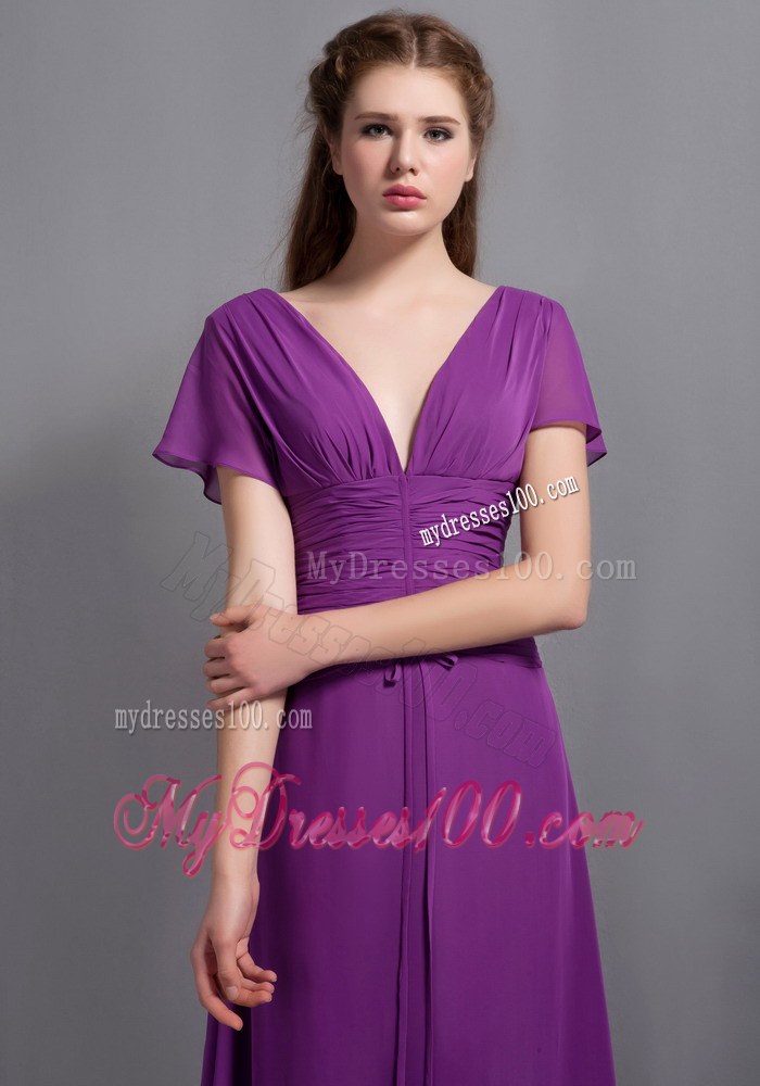 Fabulous 2013 Purple Column V-neck Floor-length Ruching Wedding Guest Dresses