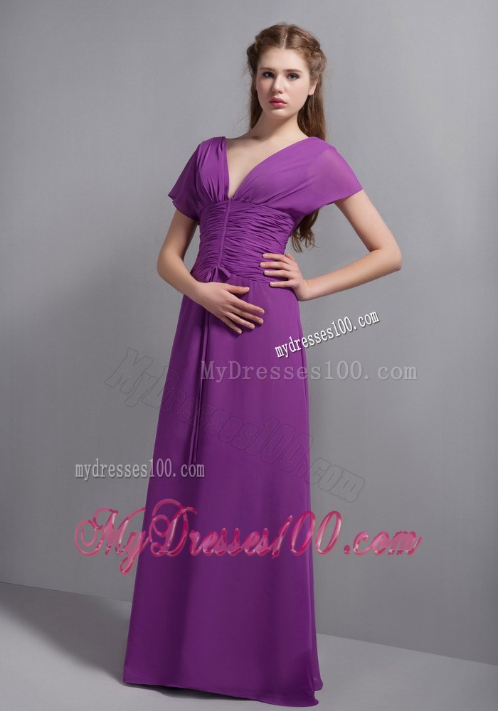 Fabulous 2013 Purple Column V-neck Floor-length Ruching Wedding Guest Dresses