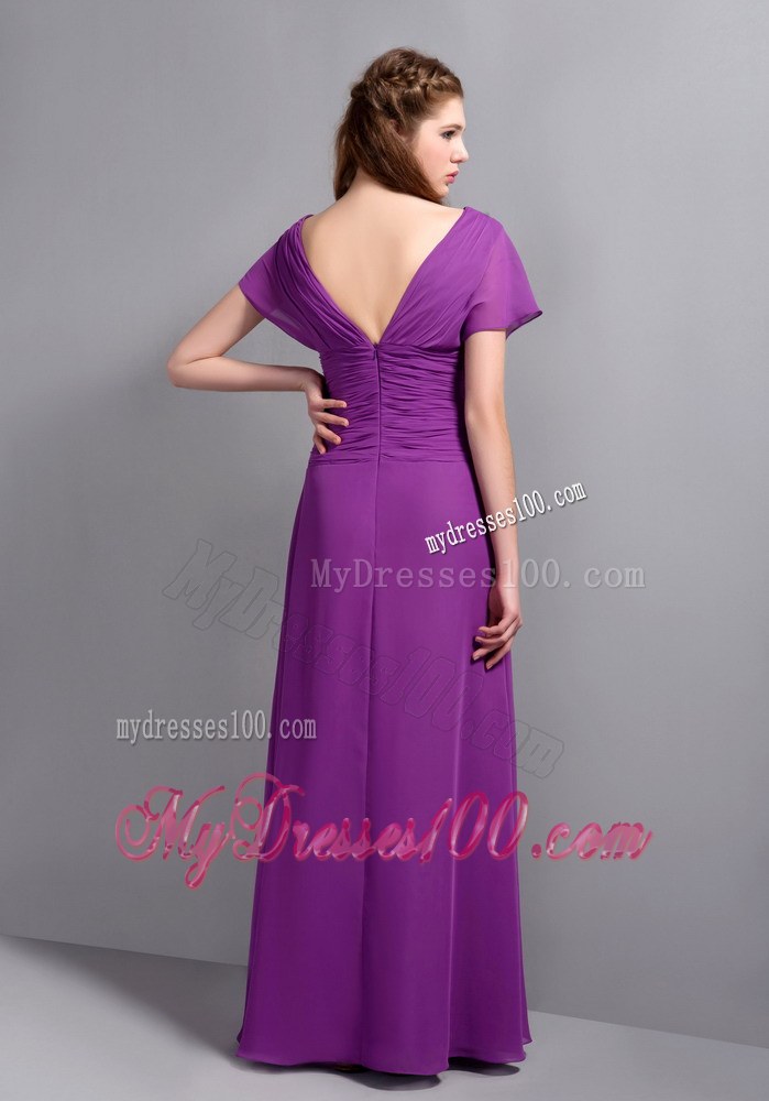 Fabulous 2013 Purple Column V-neck Floor-length Ruching Wedding Guest Dresses