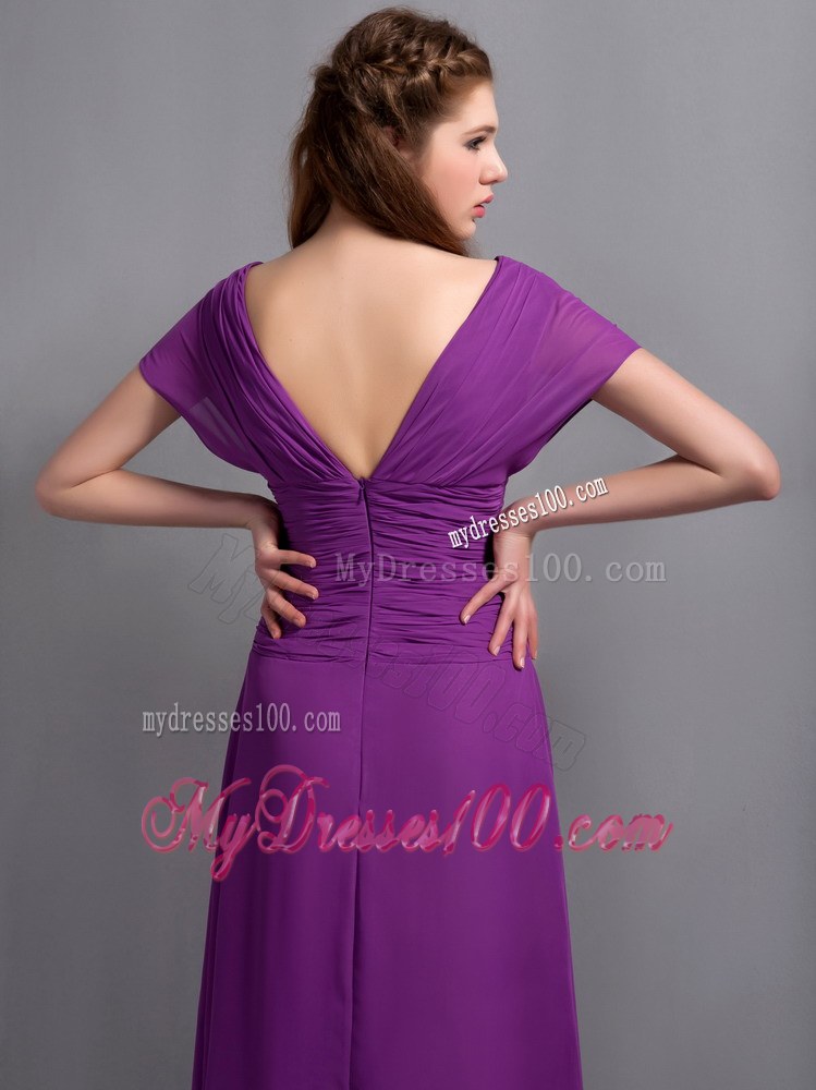 Fabulous 2013 Purple Column V-neck Floor-length Ruching Wedding Guest Dresses