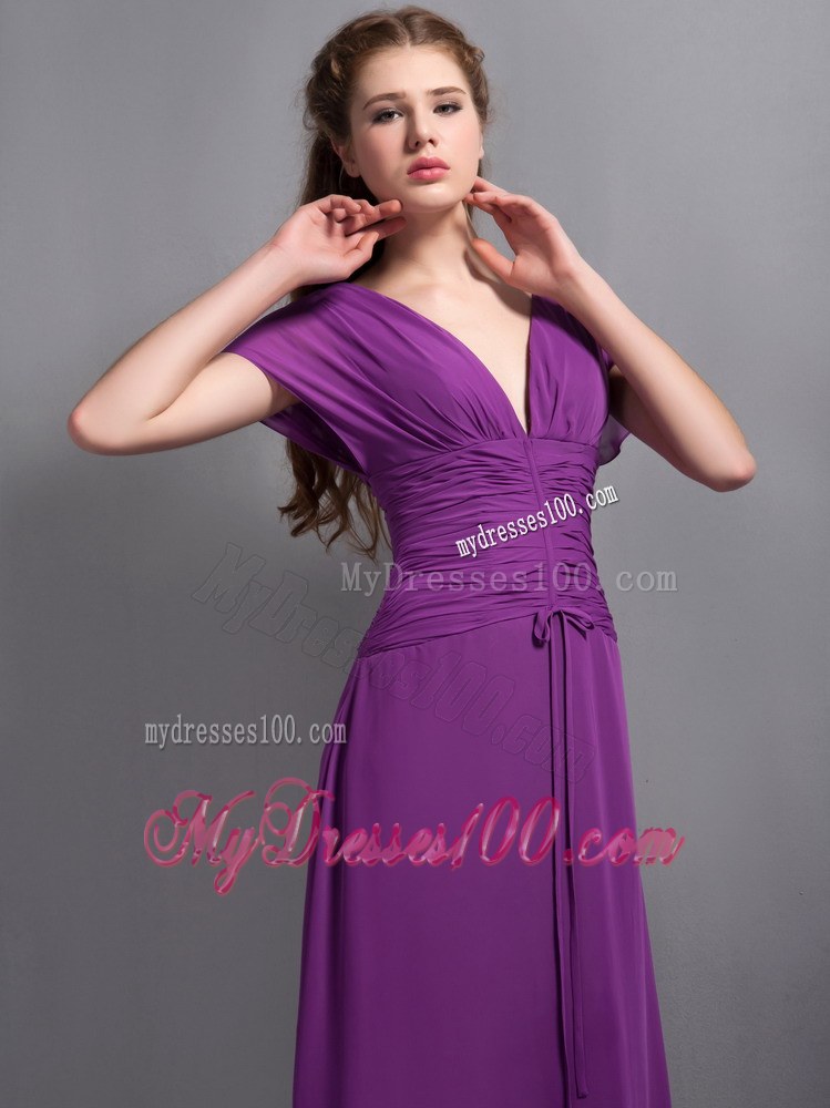 Fabulous 2013 Purple Column V-neck Floor-length Ruching Wedding Guest Dresses