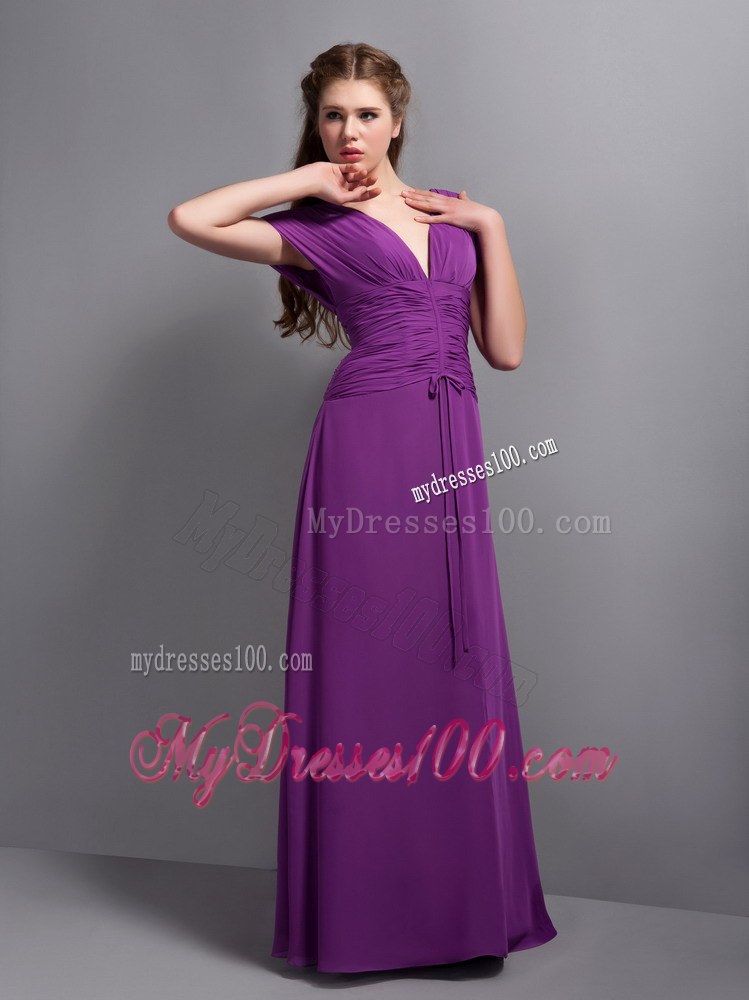 Fabulous 2013 Purple Column V-neck Floor-length Ruching Wedding Guest Dresses