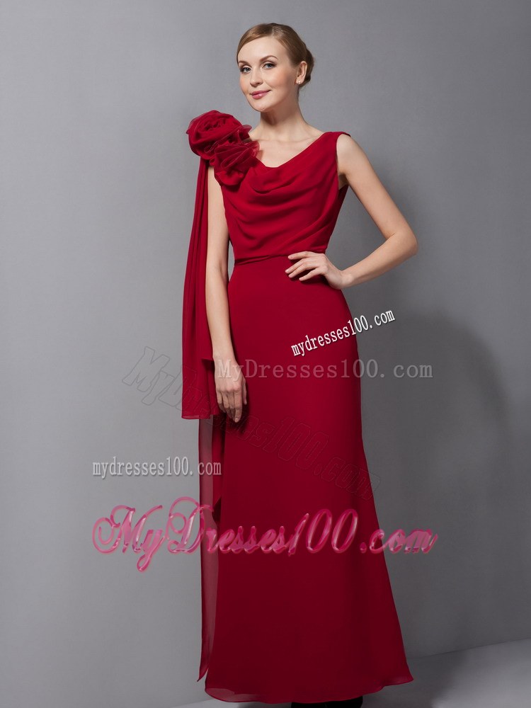 Elegant Wine Red Column V-neck Floor-length Hand Made Flowers Wedding Guest Dresses