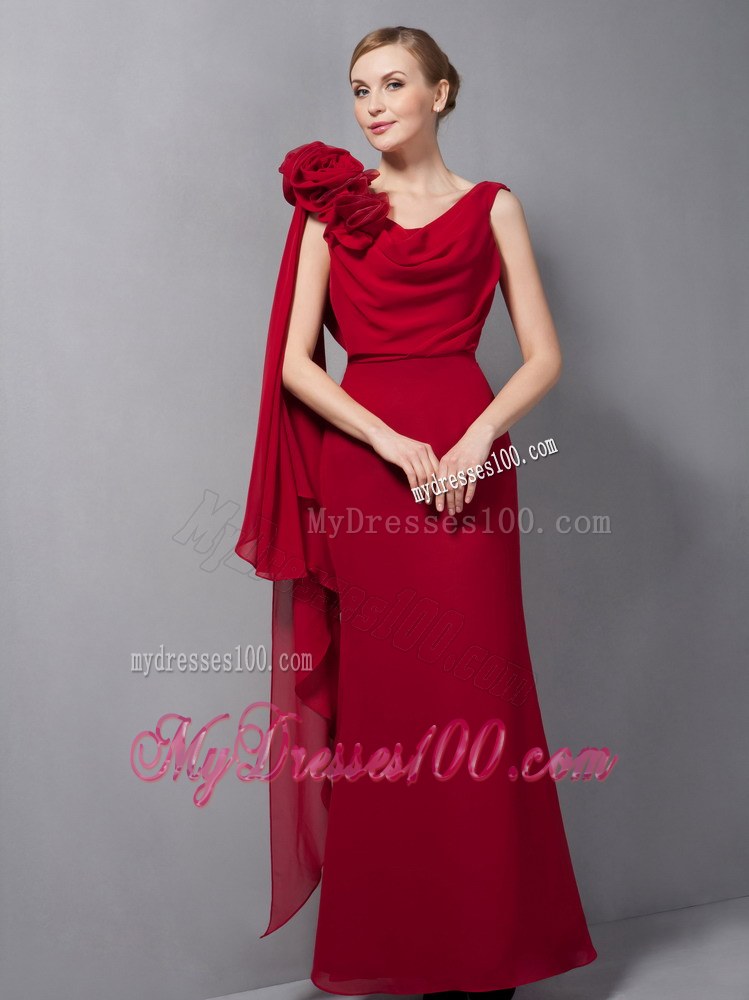 Elegant Wine Red Column V-neck Floor-length Hand Made Flowers Wedding Guest Dresses