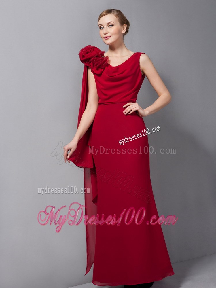 Elegant Wine Red Column V-neck Floor-length Hand Made Flowers Wedding Guest Dresses