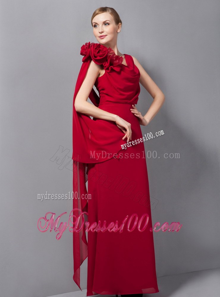 Elegant Wine Red Column V-neck Floor-length Hand Made Flowers Wedding Guest Dresses