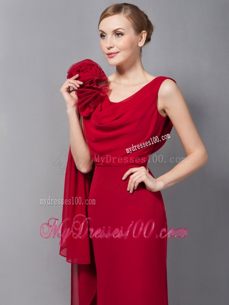 Elegant Wine Red Column V-neck Floor-length Hand Made Flowers Wedding Guest Dresses