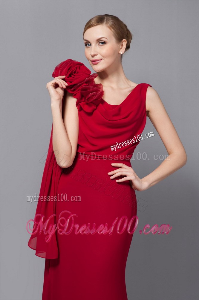 Elegant Wine Red Column V-neck Floor-length Hand Made Flowers Wedding Guest Dresses