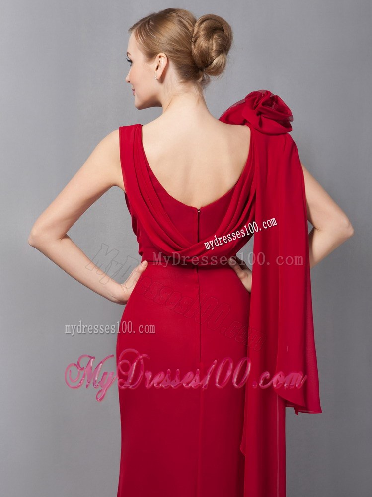 Elegant Wine Red Column V-neck Floor-length Hand Made Flowers Wedding Guest Dresses