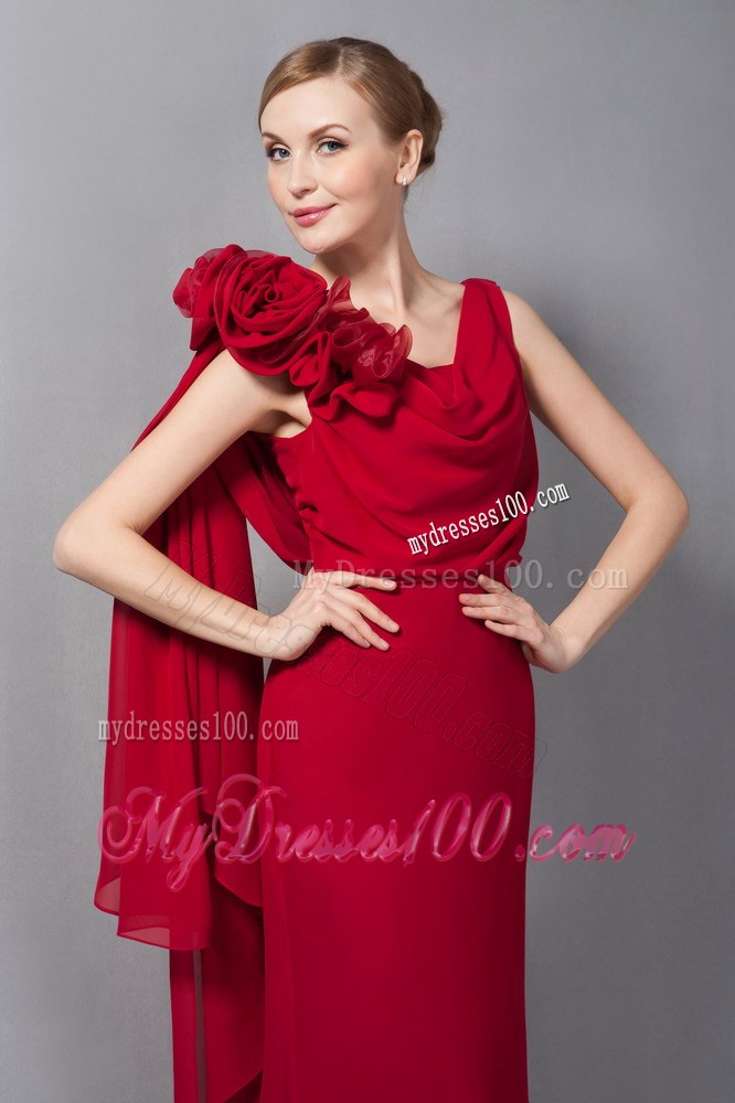 Elegant Wine Red Column V-neck Floor-length Hand Made Flowers Wedding Guest Dresses
