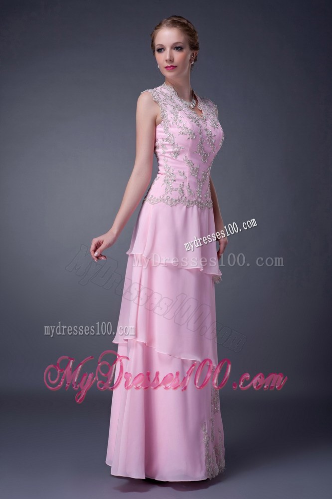 Customize Baby Pink Empire V-neck Mother of the Bride Dress Floor-length Appliques
