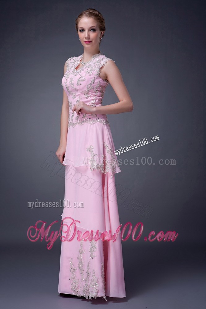 Customize Baby Pink Empire V-neck Mother of the Bride Dress Floor-length Appliques