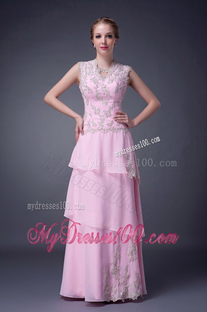 Customize Baby Pink Empire V-neck Mother of the Bride Dress Floor-length Appliques