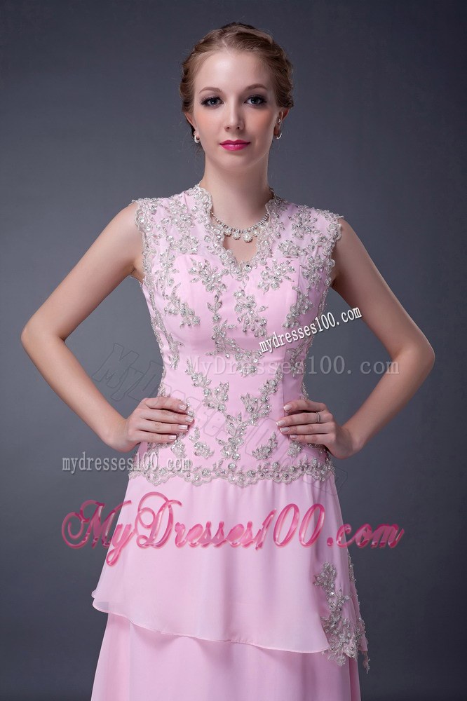 Customize Baby Pink Empire V-neck Mother of the Bride Dress Floor-length Appliques