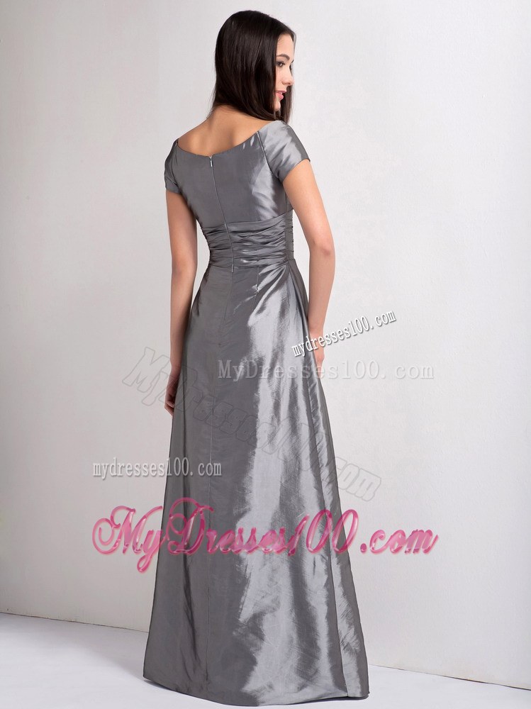 Modest Grey Short Sleeves Mother of the Brides Dress V-neck Ruched Floor-length