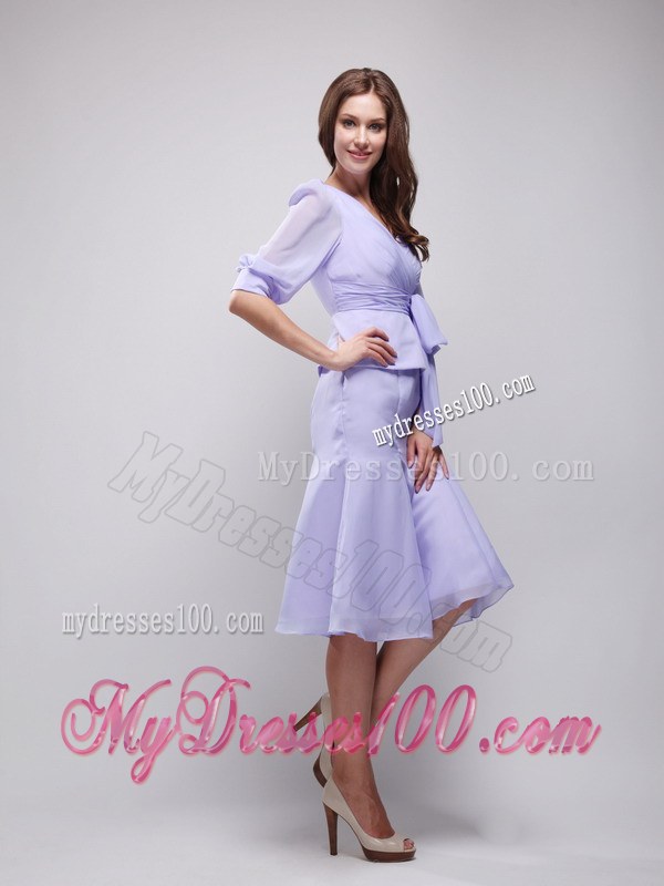 Lavender Column V-neck Half Length Sleeves Knee-length Ruching Wedding Guest Dress